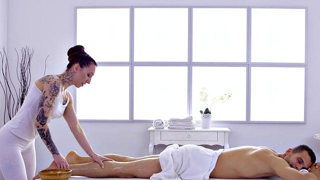 WAM inked masseuse rides client on massage table