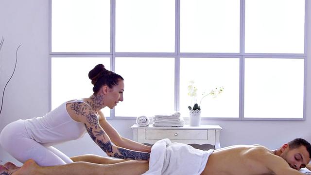 WAM inked masseuse rides client on massage table