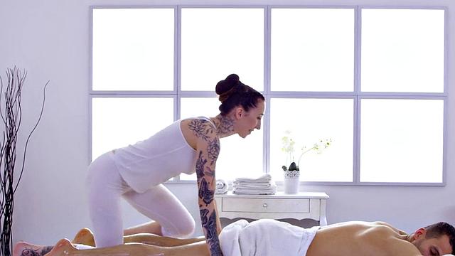 WAM inked masseuse rides client on massage table