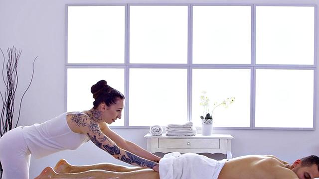 WAM inked masseuse rides client on massage table