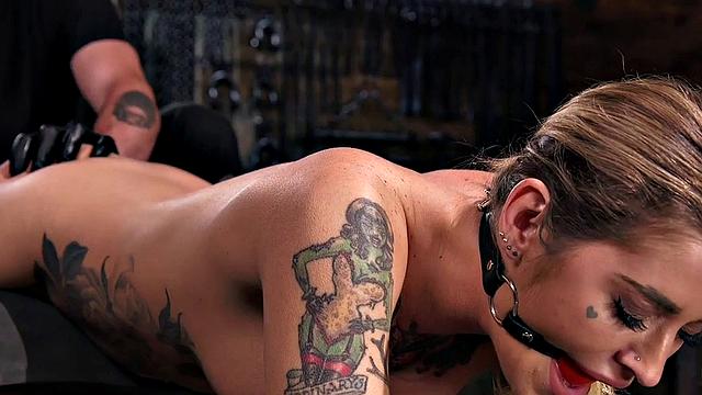 Ballgagged inked babe BDSM toyed with dildo and hitachi