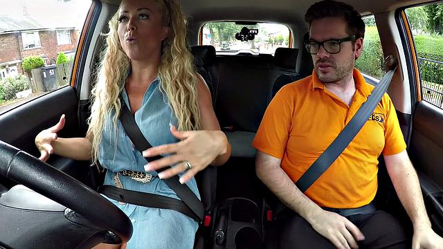 Blonde with glasses gives sloppy titjob in car reverse cowgirl and handjob