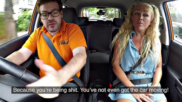 Blonde with glasses gives sloppy titjob in car reverse cowgirl and handjob