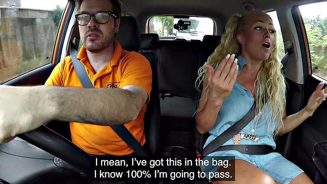 Blonde with glasses gives sloppy titjob in car reverse cowgirl and handjob