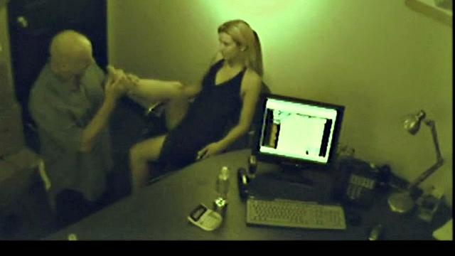 Dirty office footjob slut jerking off dick