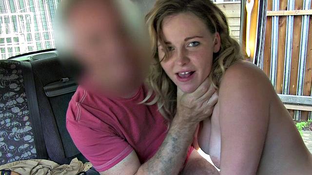 Blonde babe teases cabbie in car and gets her tight pussy fingered