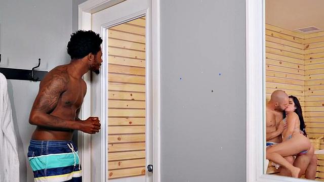 Sauna interracial after peeping voyeur joins