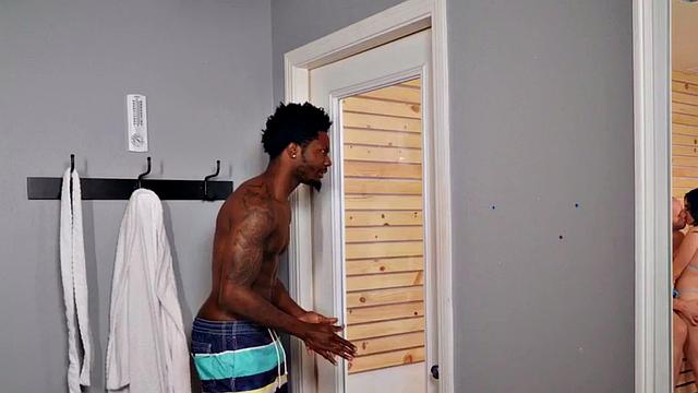 Sauna interracial after peeping voyeur joins