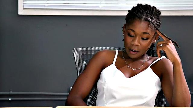 Ebony babe seduces white lesbian in meeting room