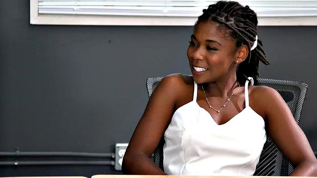 Ebony babe seduces white lesbian in meeting room