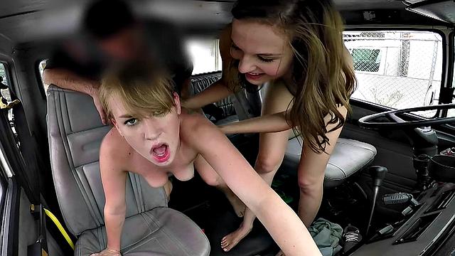 Blonde Teen in Panties & Tattoos Takes Turns Riding in Car and Masturbating in Threesome