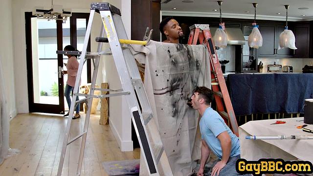 Ripped ebony stud ridden by white guy