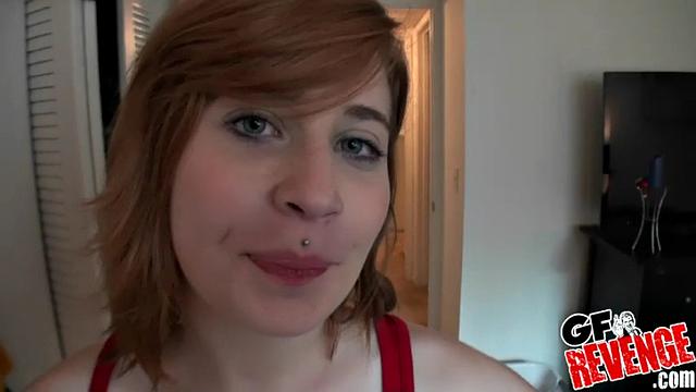 Redhead with small ass gets pounded doggystyle in thong and gets a cumshot on her face