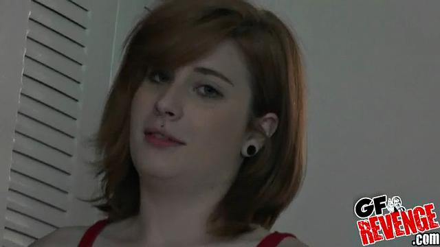 Redhead with small ass gets pounded doggystyle in thong and gets a cumshot on her face