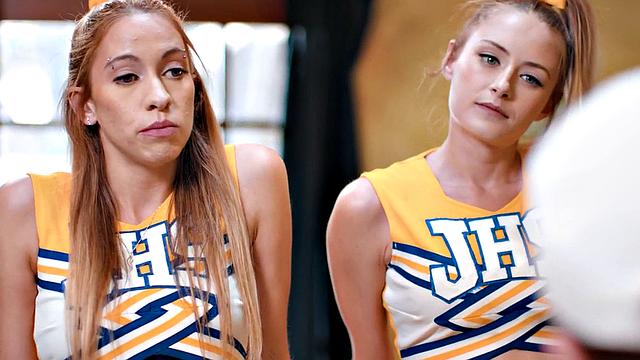 Cheerleader girls fucked in threesome by big white dick