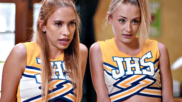 Cheerleader girls fucked in threesome by big white dick