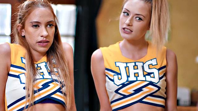 Cheerleader girls fucked in threesome by big white dick