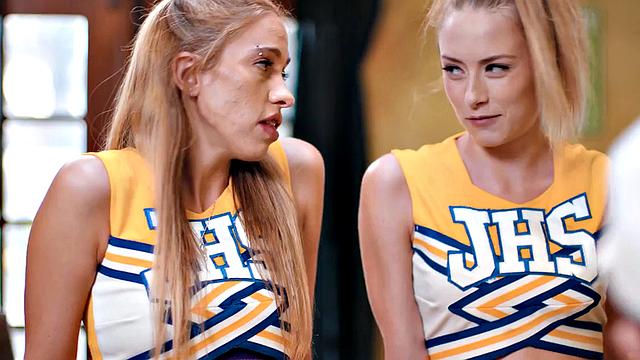 Cheerleader girls fucked in threesome by big white dick