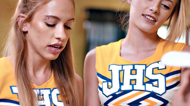 Cheerleader girls fucked in threesome by big white dick