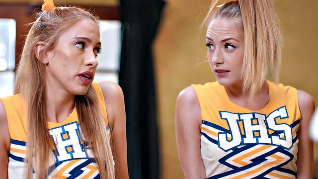 Cheerleader girls fucked in threesome by big white dick