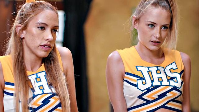 Cheerleader girls fucked in threesome by big white dick