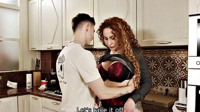 SHAME4K. Curly redhead with big tits sucks neighbor's cock in the kitchen
