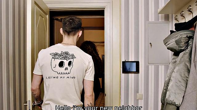 SHAME4K. Curly redhead with big tits sucks neighbor's cock in the kitchen