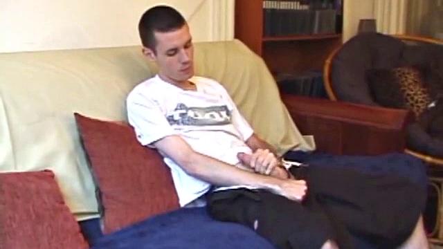 When his cock is hard enough, Logan unzips and out pops his huge boner. He gives it a serious stroking, edging himself a few times. When it's finally time to release, he explodes a massive cum load onto his face and chest.