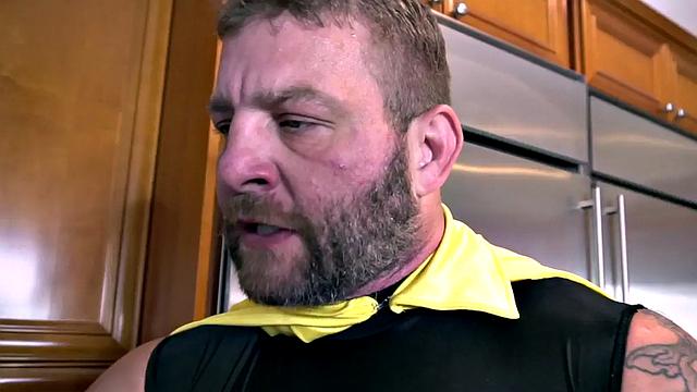 Inked muscle superhero bending over for bareback sex