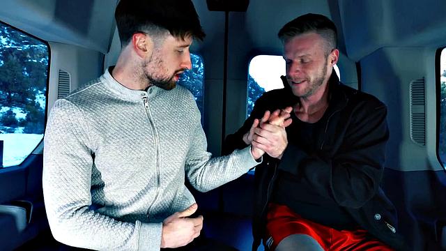 Fisting tattooed jock in gloves fists BF in bus
