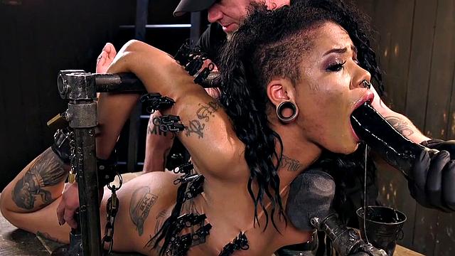 Pussytoyed Ebony sub squirts and gets slapped in BDSM tutorial