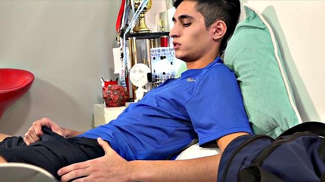 Soccer Latino twink toys ass and jerks off in action