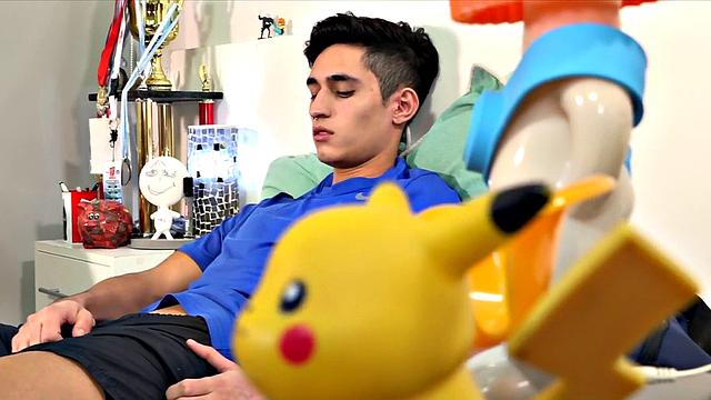 Soccer Latino twink toys ass and jerks off in action