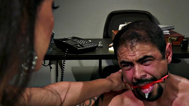 Helpless guy gets his ass pounded by a big-titted Asian babe in stockings