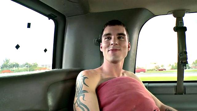 Tricked stud fucks jock's asshole in van after being picked up