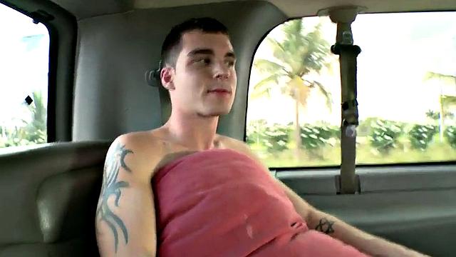 Tricked stud fucks jock's asshole in van after being picked up