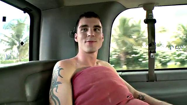Tricked stud fucks jock's asshole in van after being picked up