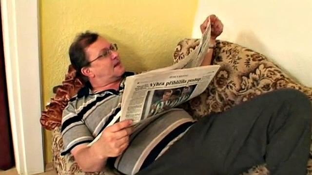 Watch this young blonde teen suck and ride her grandpa's hard cock after a steamy BJ session