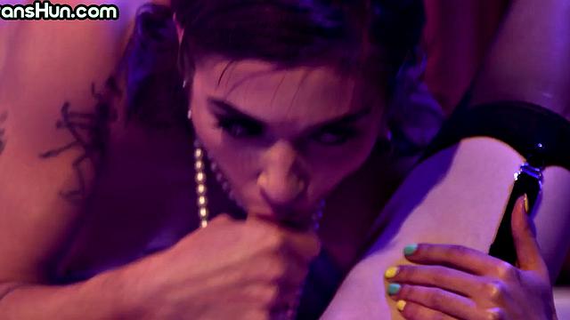 Trans nun in stockings gets deepthroat by biker inked bae