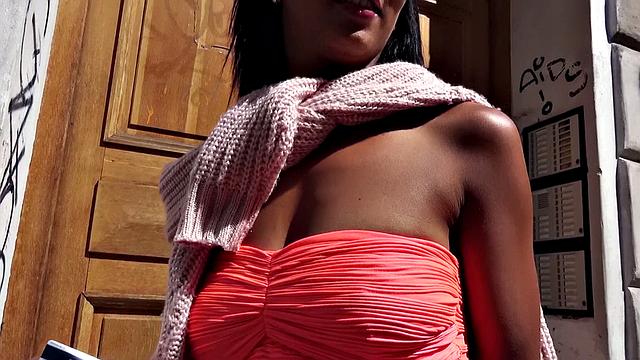 Brunette babe with tanned body gets picked up and fucked doggystyle in the kitchen