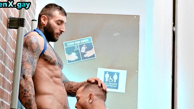 Toilet gay man fucks gloryhole after deep sucking