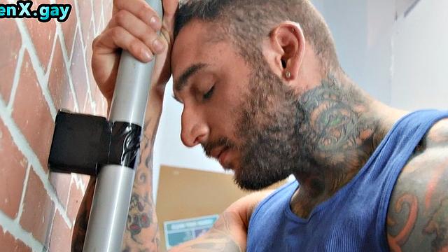 Toilet gay man fucks gloryhole after deep sucking