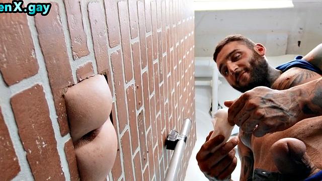 Toilet gay man fucks gloryhole after deep sucking