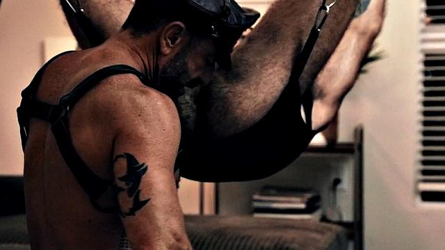 Hairy hunk barebacked by muscled BF after rimming