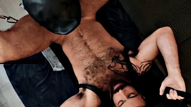 Hairy hunk barebacked by muscled BF after rimming