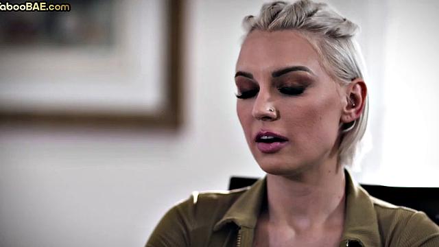 Big-titted inked babe blows before getting fucked in her hairy pussy