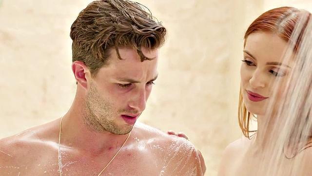 Redhead stepsister gives oiled massage to stepbrother