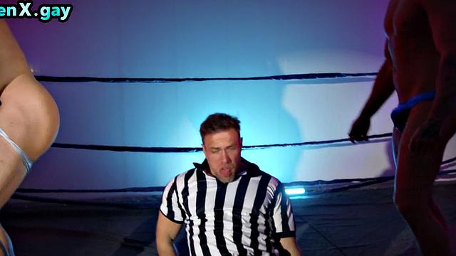 Wrestling manly jocks barebacking referee in 3some