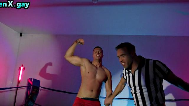 Wrestling manly jocks barebacking referee in 3some