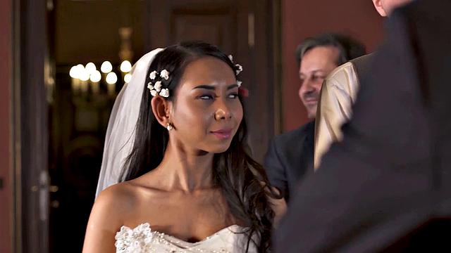 VIP4K. Couple starts in front of the guests after wedding ceremony